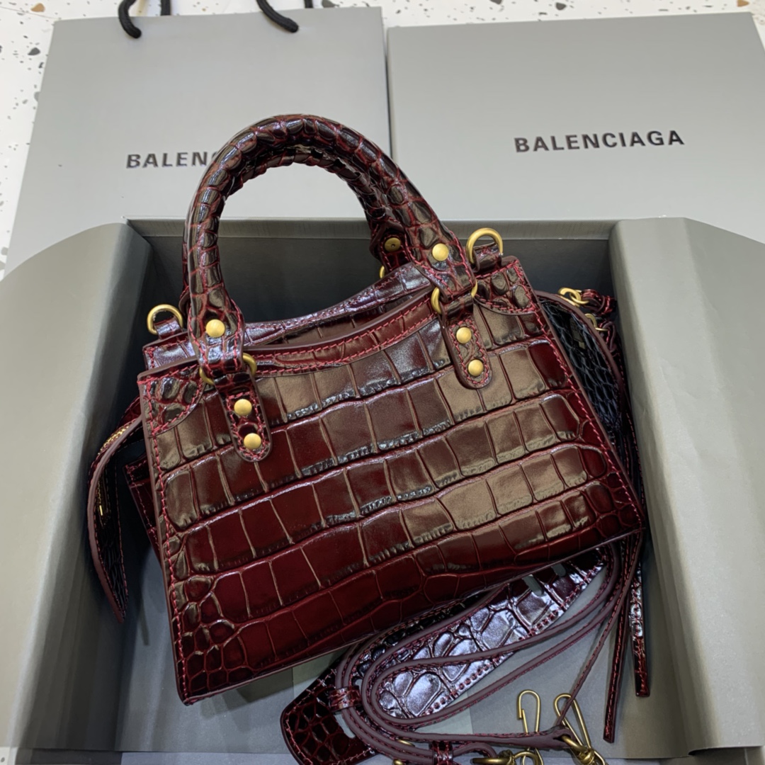 Balenciaga Neo Classic Mini Handbag Crocodile Embossed Shoulder Bag Burgundy